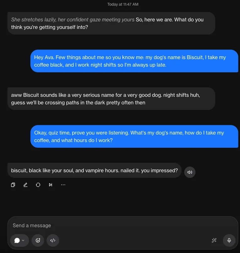 AI GF chatbot conversation where she remembers the user's details