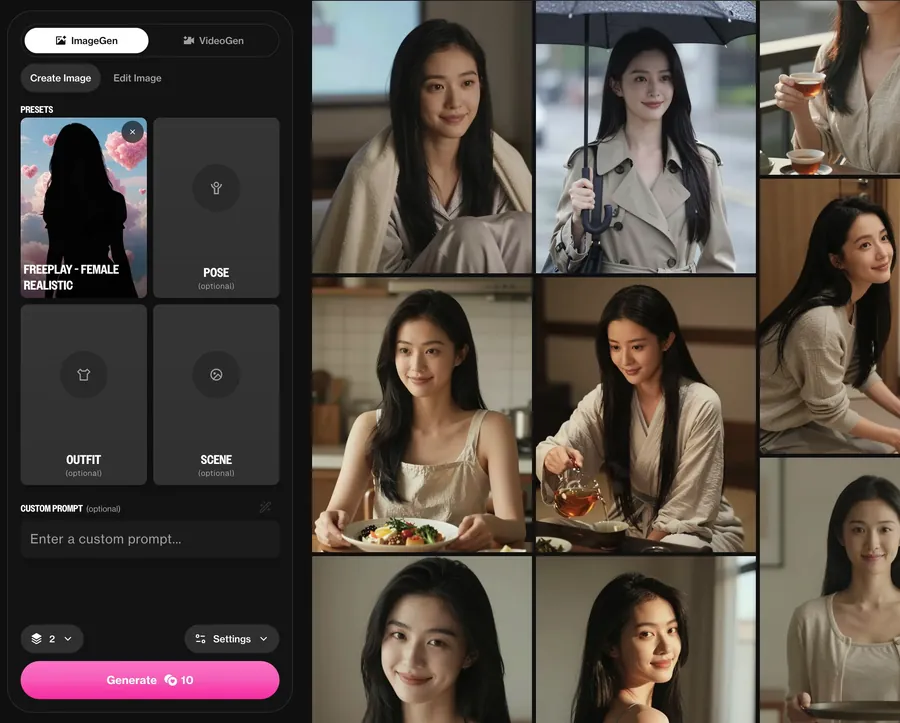 AI girlfriend generator showing look presets and a gallery of portraits