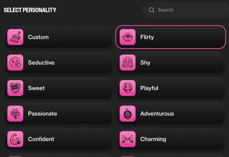 Personality picker with options like flirty, shy, playful and caring